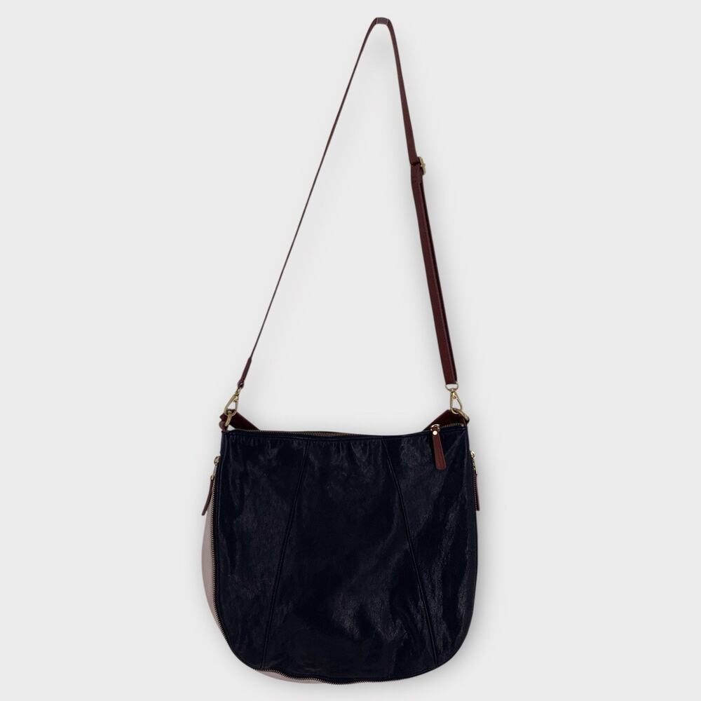 Fossil Two Tone Goat/Leather Hobo Crossbody Bag/Shoulder Purse Black/Stone Zip